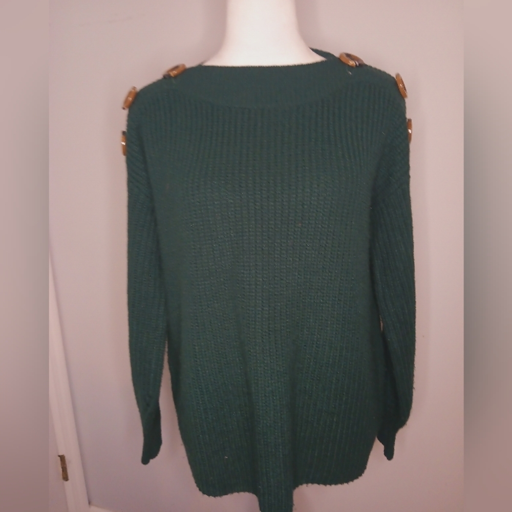 Philosophy Boatneck Shaker Sweater with Shoulder Button Details